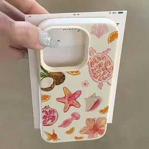 Leather Texture Phone Case with Starfish, Jellyfish, Seahorse, Shell, Ocean, Turtle, Pomegranate, Coconut Pattern, iPhone X-17 Pro Max