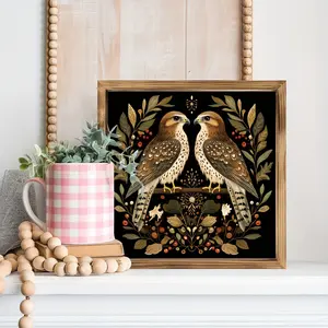 1pc Vintage Two Kestrels Perched on Branch Framed Wooden Wall Art - 8x8 Inch Recycled Wood Rustic Farmhouse Decor, Horizontal Bird & Berry Branch Sign with Autumn Leaves, Earth Tone Kestrel for Living Room, Bedroom, Office