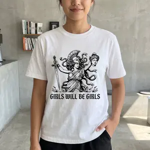 Girls Will Be Girls Medusa Greek Mythology Line Art Graphic Women's Dark Feminine Empowerment Casual Top For Edgy Myth Inspired Outfits