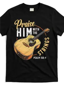 Men'S Christian Music-Themed T-Shirt - Praise Him with the Strings Bible Psalm 150:4 Guitar Design, Black Street Art Tee with Lettering & Yellowed Guitar Graphic, Comfortable Round Neck Short Sleeve for Church Worship, Concerts & Casual Wear - Faith