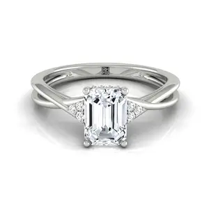 Plat Fancy Emerald Twisted Shank Double Hidden Halo Engagement Ring With 35 Prong Set Round Diamonds Sz 7.5