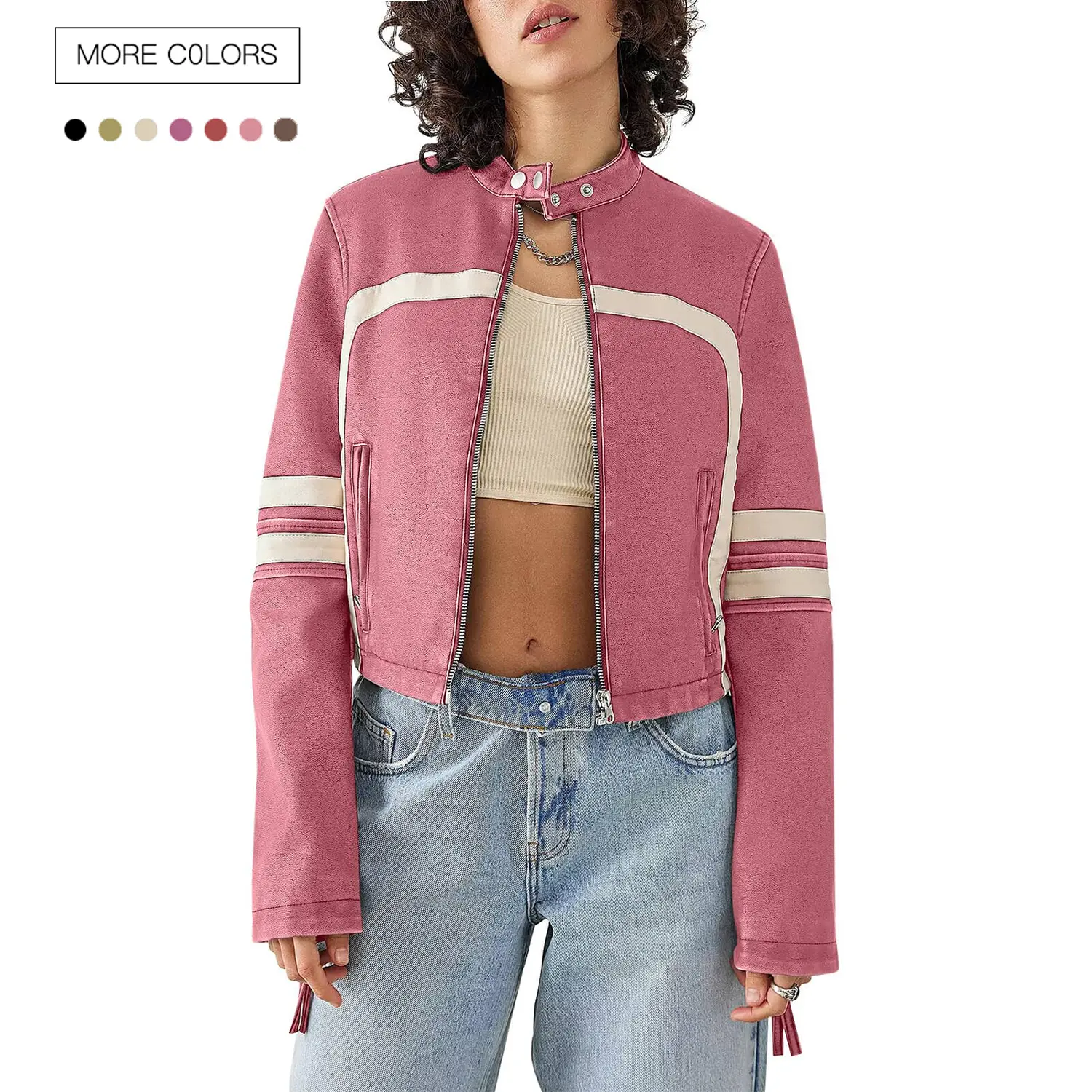 Danedvi Women’s Fitted Long Sleeve Solid Zipper Front Cropped Motocross Jacket - Stand Collar, Faux Leather PU Coats, Stripe Pattern Jacket, Casual Outerwear Tops