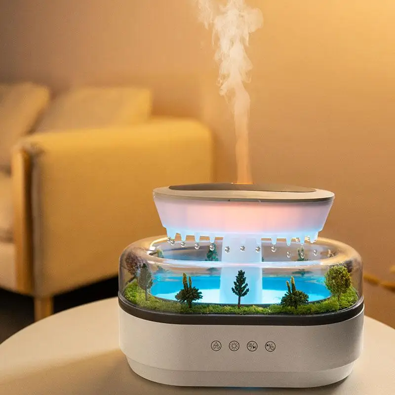 Raindrop Design Humidifier Diffusers, Novel Night Light with 8 Color Changes, Evaporative Mist Humidifiers with Plant Landscape Effect & White Noise,