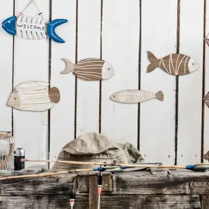 4pcs Wooden Fish Wall Art pendant - Coastal Decor for Beach House, Patio, Living Room - Rustic 2D Pattern Hanging Wall Decoration, No Electricity Required, Textured Wood Decor, Nautical Theme Decor