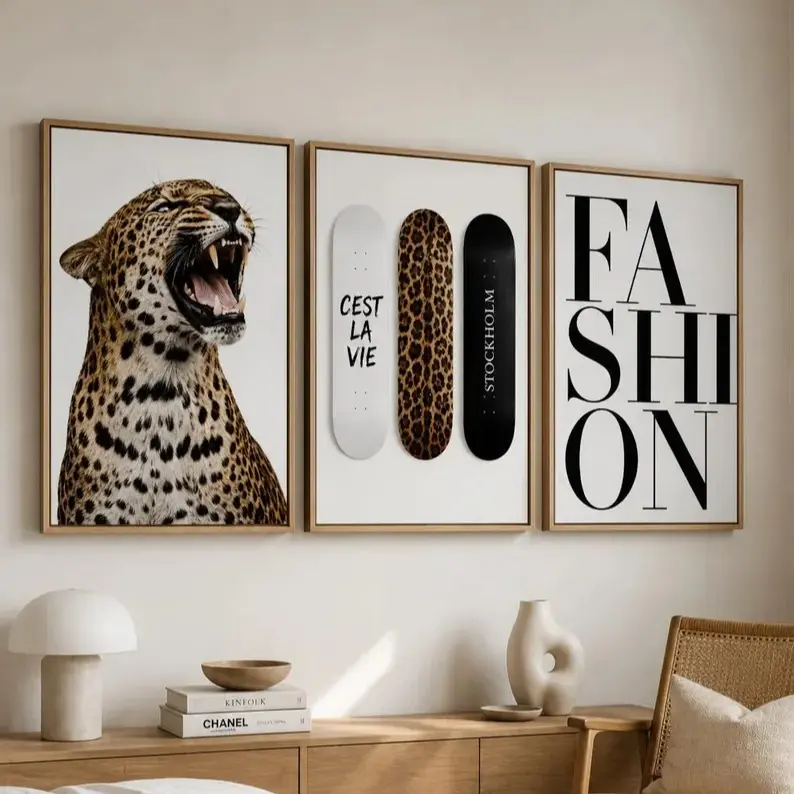Leopard Fashion Wall Art Set of 3, Framed Canvas Prints, Skateboard Typography Posters, Ready to Hang Chic Apartment Decor