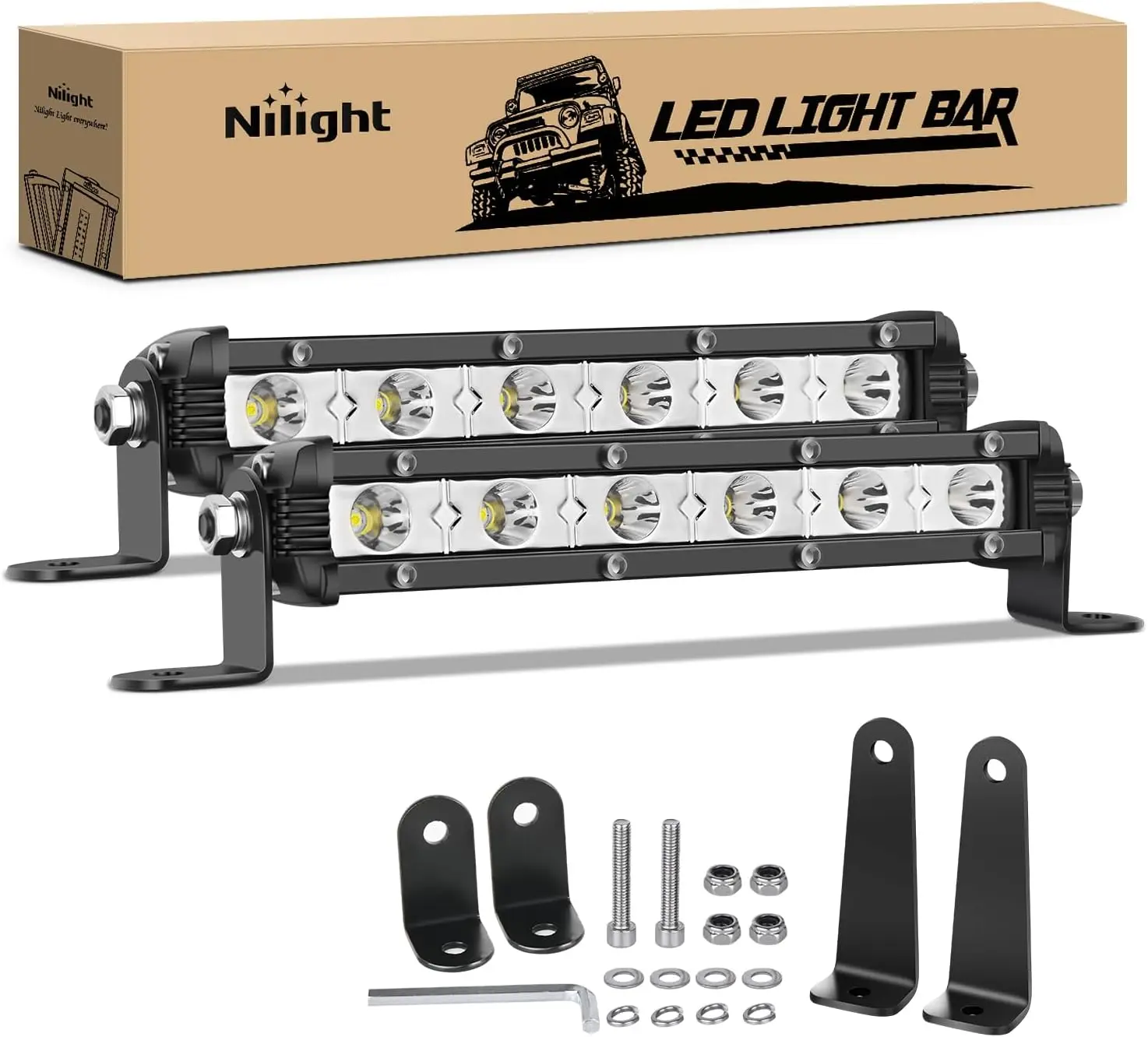 Nilight Single Row LED Light Bar Ultra-Slim Spot Light Bar 2PCS 7 Inch 18W Fog Light Driving Light Work Light Roof Bumper Light for Offroad 4x4 Trucks Polaris RZR SUV ATV UTV Lightbar, Car Light, 18W Power