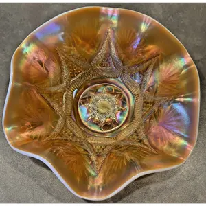 EAGP Dugan Glass Marigold Carnival Peach Opalescent Ski Star Master Bowl As-Is