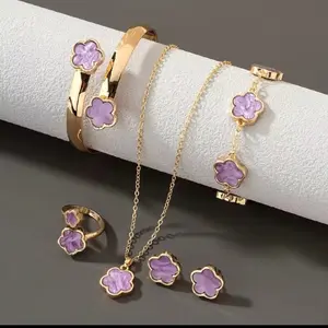 Elegant Gold Tone Jewelry Set with Purple Flower Design Includes Bracelet Necklace Ring and Earrings for Women