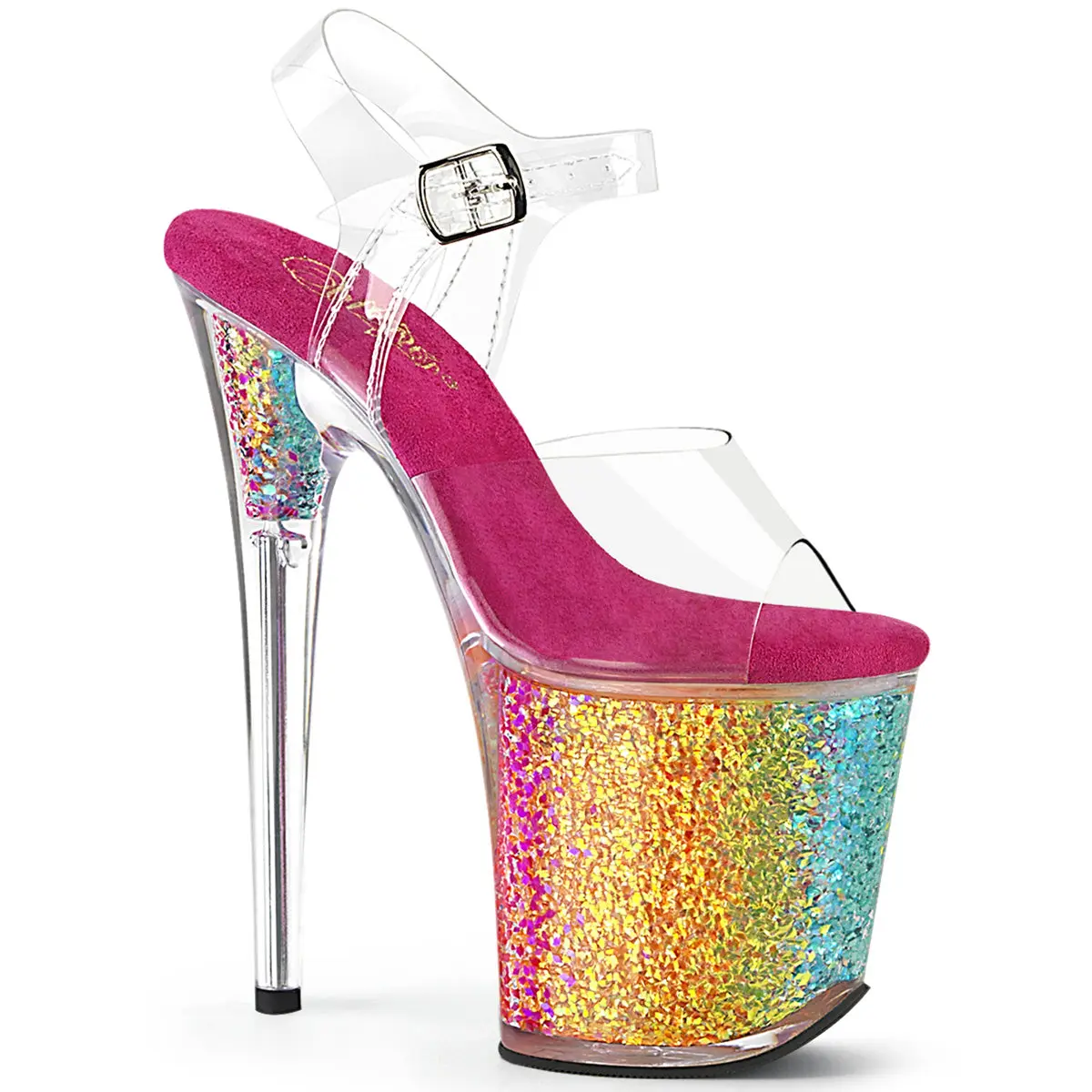 Women's Ankle Strap Sandals, 8-Inch Heel Footwear with an Adjustable Transparent Strap and UV Blacklight Reactive Rainbow Confetti Glitter, High Heel, Platform, Decor, Stylish, Multicolor