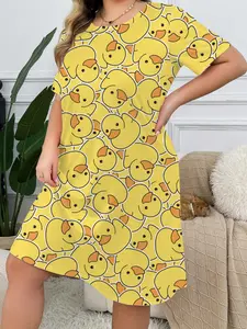 Women's Cartoon Duck Print Round Neck Short Sleeve Sleep Dress Nightdress, Plus Size Ultra Comfortable Home Sleepwear, Casual Evening Gown, Loungewear, Sleepwear Dresses