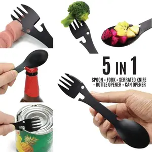 5 in 1 Portable Camping Utensil Multitool 2-Pack - Stainless Steel Spoon Fork Knife Bottle & Can Opener for Outdoor Adventures outdoorfun
