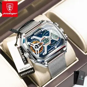 POEDAGAR fashionable men's watch rectangular waterproof date and day LED men's watch electronic mesh stainless steel quartz men's watch