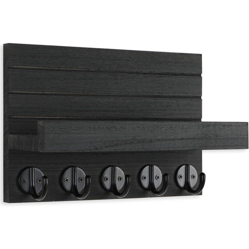 Key Holder for Wall, Decorative Key and Mail Holder with Shelf Has Large Hooks for Bags, Coats, Umbrella – Paulownia Wood Key Hanger with Mounting Hardware (9.8”W x 6.7”H x 4.2”D)