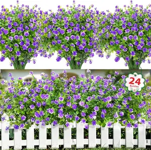 24 Bundles Artificial Flowers for Outdoors Decoration Fake Flowers UV Resistant Faux Greenery Eucalyptus Plants for Summer Indoor Home, Purple