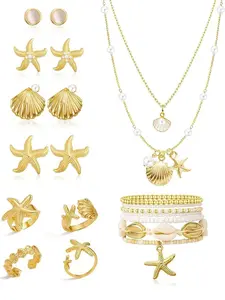 17 Pcs Beach Jewelry for Women Seashell Starfish Earrings Rings Boho Summer Beach White Anklet Sea Shell Necklace Set Summer Jewelry Set