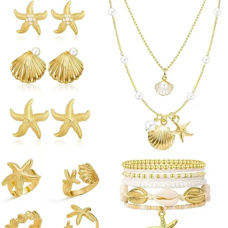 17 Pcs Beach Alloy Cute Jewelry for Women Seashell Starfish Earrings Rings Boho Theme Summer Beach White Anklet Sea Shell Necklace Set Summer Costume Fashion Jewelry Set