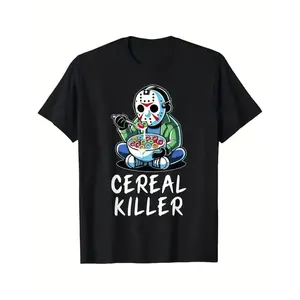 Men’s Horror Graphic T Shirt with Dark Humor Cereal Design, Loose Fit Streetwear Tee, Breathable Casual Top for Comic Con, Daily Wear and Horror Fans