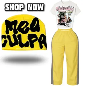 Women’s Yellow Track Pants Set - White Graphic Top + Black & Yellow Mea Culpa Beanie | Baggy Pants Set | Y2K Streetwear Outfit | Concert Outfit | Casual Lounge Tracksuit | Two-Piece | Warm Tracksuit | Set With Pants | Casual Two-Piece Set | Loungewear, Wi