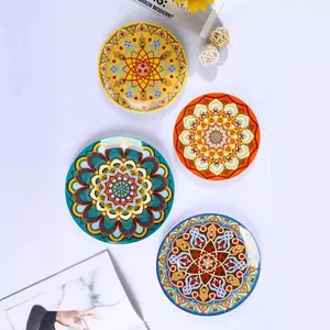 Boho Style Ceramic Plate, 4 Counts/set Colorful Flower Pattern Round Plate, Decorative Plate for Home Kitchen Dining Room