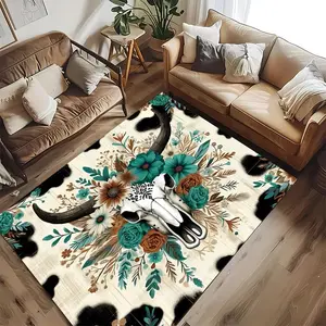 Creative Bull Head Pattern Non-slip Floor Mat, Rectangle Home Decorative Carpet, Decorative Area Rug, Boho Floral Rug for Home Living Room Bedroom