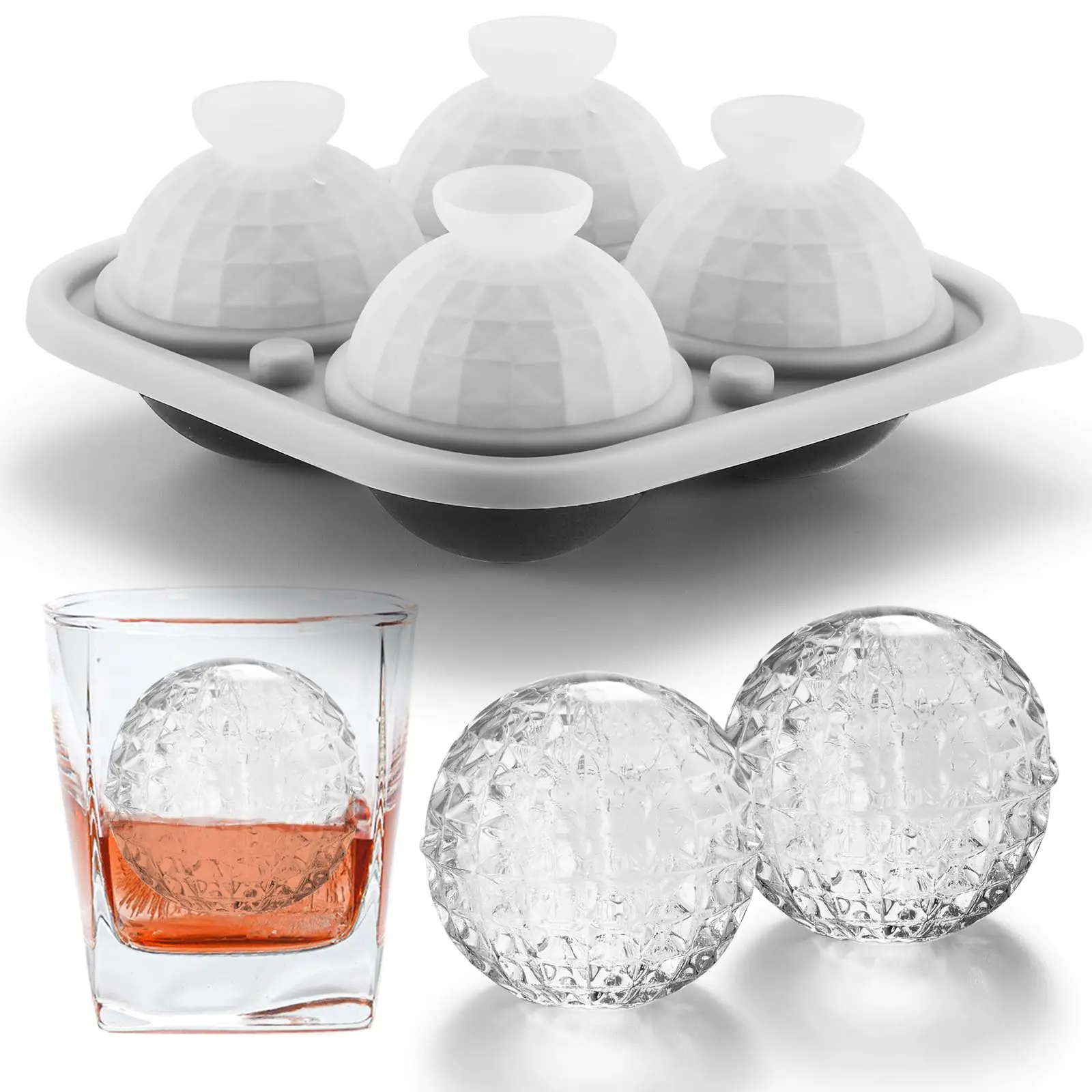ViViAnGo 3D Ball Crystal Silicone Ice Ball Tray - Large Home Bar Accessories with Funnel for Cocktails, Whiskey Gifts for Men (Black), Ice Ball Trays