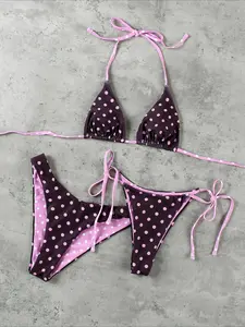 3 Pieces/Set Polka Dots Pattern Halter Bikini Set Bikini Swim Top Women Sexy Tie Back Bikinis Swimsuits Female Two Different Type Bottoms Swimwear Bathing Suits
