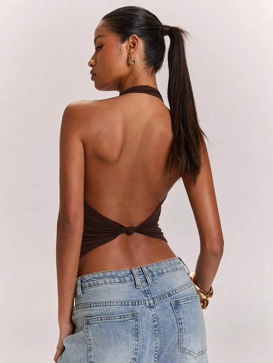 Women's Knitted Solid Brown Casual Elegant Commute Halter Neck Backless Twisted Knot Sexy Practical Tank Top, Suitable For Vacation Summer