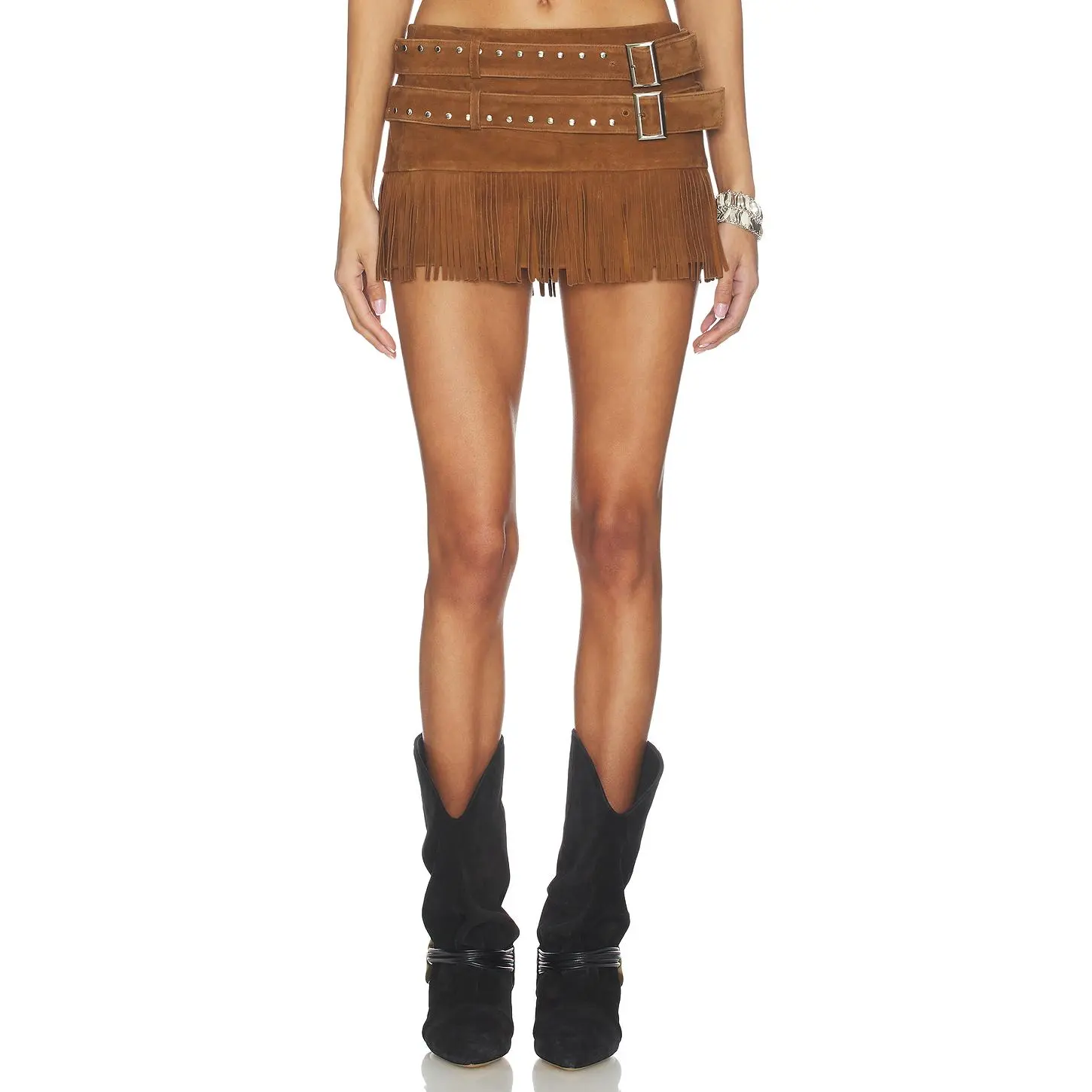 LAMARQUE Isa Double Belted Micro Suede Skirt in Distressed Cognac