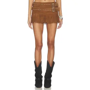 LAMARQUE Isa Double Belted Micro Suede Skirt in Distressed Cognac