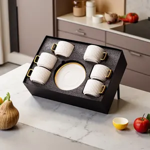 6 cups, 6 saucers, 6 spoons Ceramic Gold-trimmed Coffee Cups with Spoons Stackable Home Drinkware Gift Box Set Teacups with Saucers for Cappuccino Espresso Macchiato Latte Floral Tea Beverages Perfect for Tea Parties and Cafes Tumbler