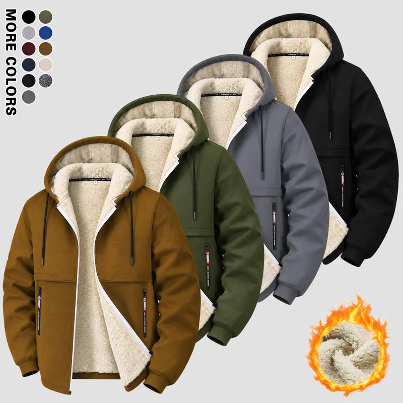 Men’s solid-color long-sleeve zip-up hooded sweatshirt — polyester fabric top with wool lining, slight stretch, regular fit, plus sizes, suitable for autumn and winter warmth, ideal for hiking and outdoor activities, fleece-lined, thickened men’s outerwea