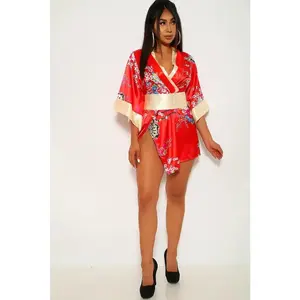Red Floral Print 3 Piece Geisha Kimono Costume
