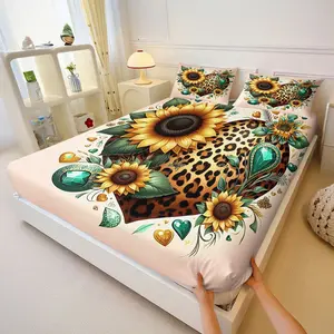 3Pcs Heart-Shaped Leopard Print Fitted Sheet Set, Vibrant Sunflower and Teal Gemstone Design, Whimsical and Eclectic Bedding, Luxurious Nature-Inspired Comfort for a Stylish Bedroom Makeover, Lncludes 1 Fitted Sheet, With 2 Coreless Pillowcases