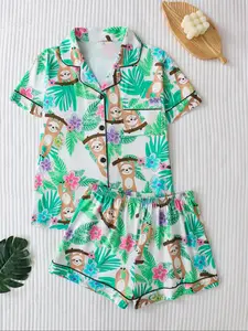 Two-Piece Sloth Tropical Plant Cartoon Sleepwear Set, Button-Down Short Sleeve Top and Loose Comfortable Shorts, Cute Fun Women's Pajama Set