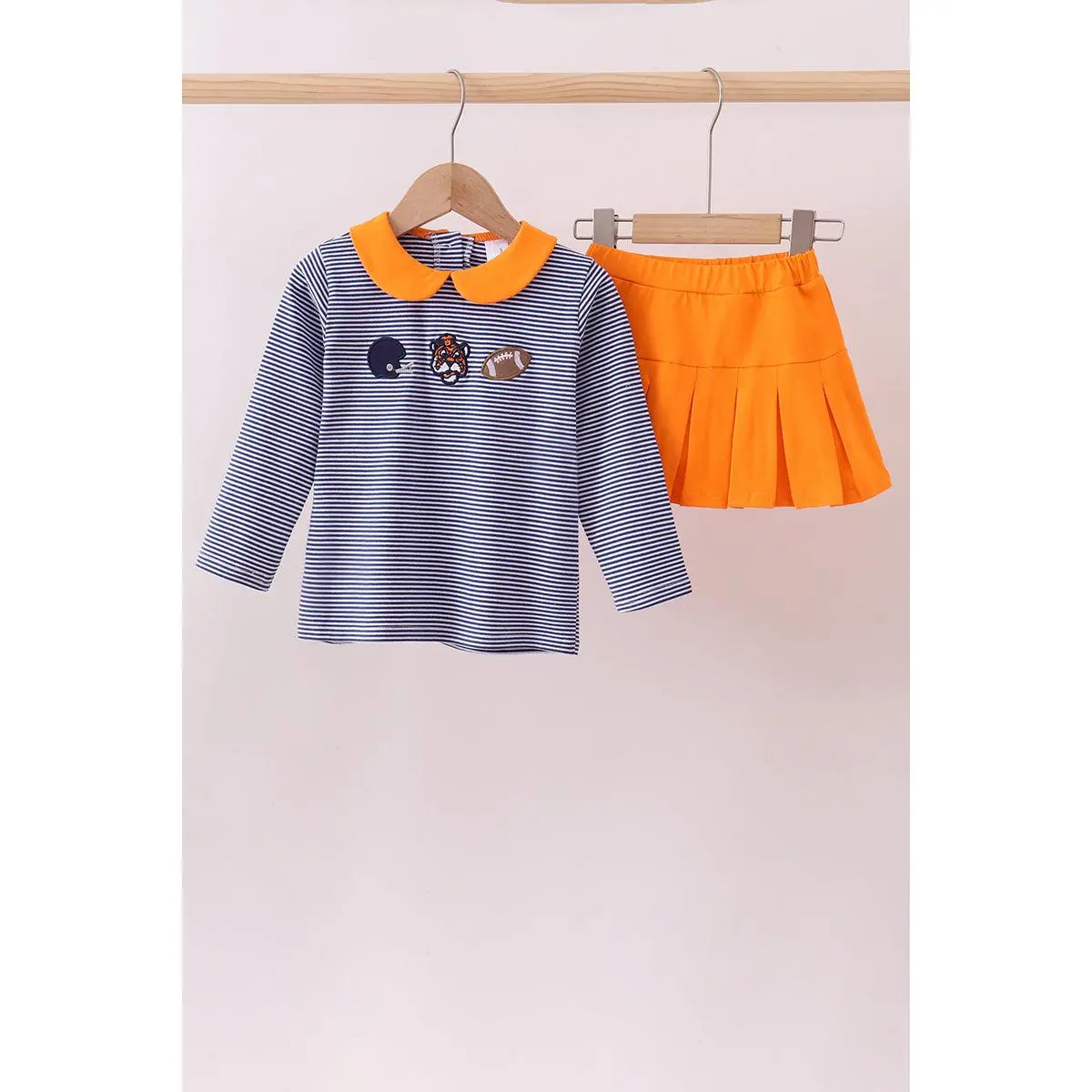 Premium Orange Clemson stripe football embroidery skorts set