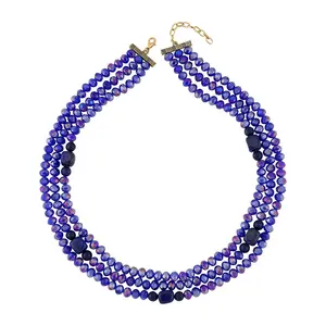 Gemstones Blue Glass Goldtone Beaded Multi Strand Necklace for Women Jewelry Size 20-22" Birthday Christmas Gifts for Women