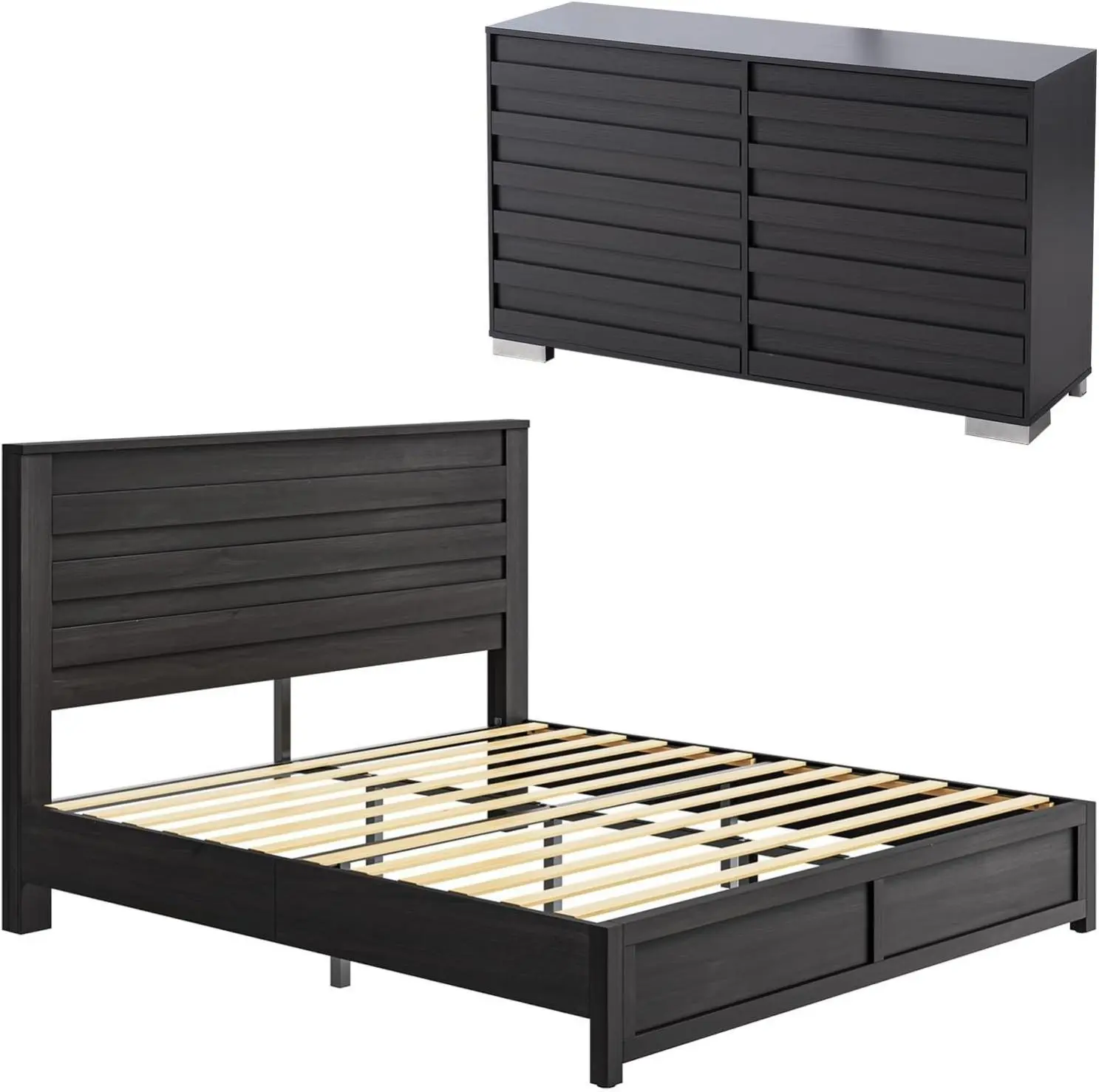 【Ships in 2 Boxes】AMERLIFE 2 Pcs Bedroom Furniture Sets - Includes 1 X Farmhouse 6 Drawers Dresser, 1X Farmhouse Bed Frame with 49" Tall Headboard, Wooden Platform Bed with Hidden Metal Bed Frame