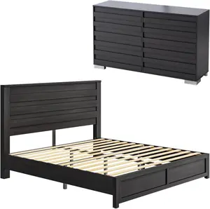 【Ships in 2 Boxes】AMERLIFE 2 Pcs Bedroom Furniture Sets - Includes 1 X Farmhouse 6 Drawers Dresser, 1X Farmhouse Bed Frame with 49" Tall Headboard, Wooden Platform Bed with Hidden Metal Bed Frame