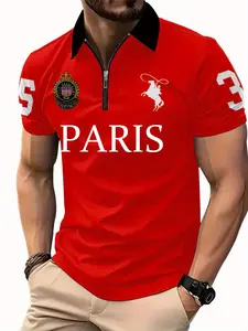 Men's Paris Print Half-Zip Polo Shirt, Black Short Sleeve Fashionable Casual Street Style Streetwear with Horse Rider & Emblem Graphic
