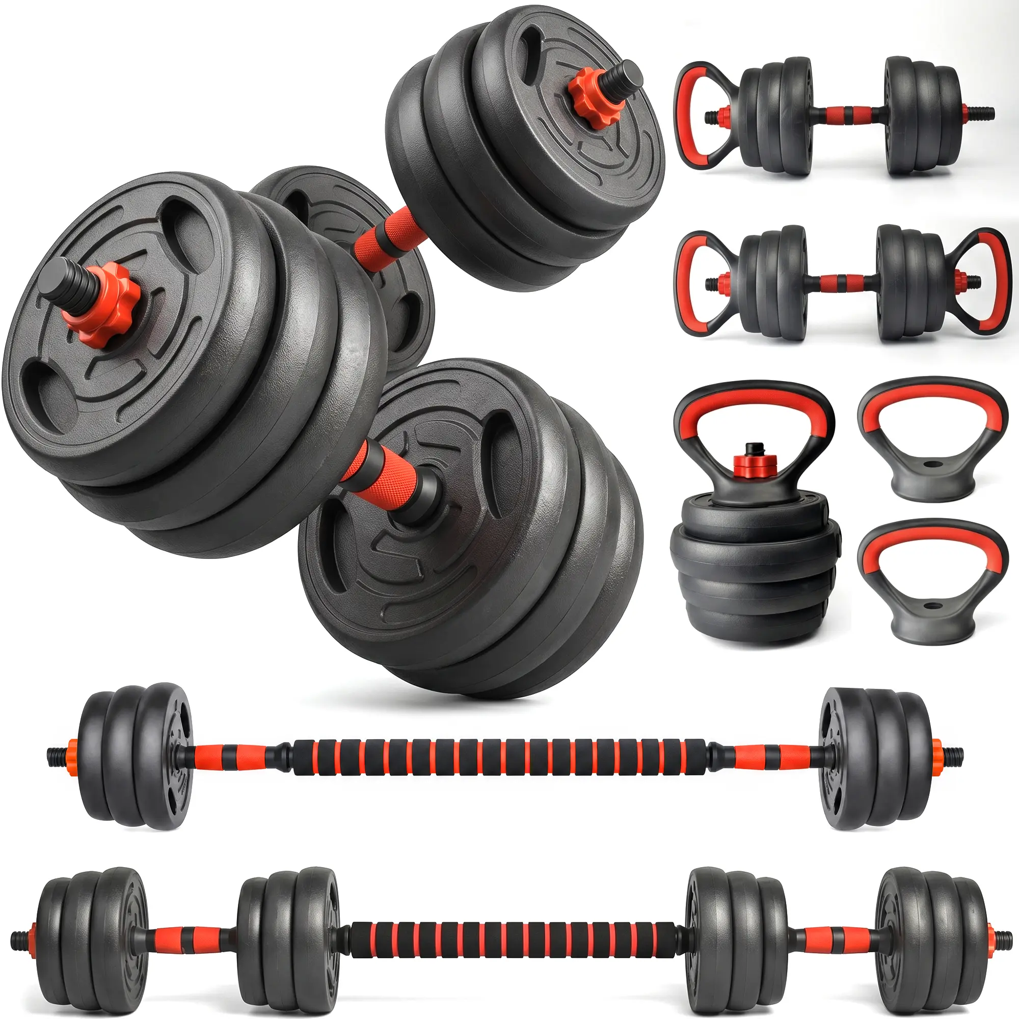 5 in 1 Adjustable Weights 66LB Convertible Dumbbell Set,Multifunctional Home Gym Equipment Transform Into Barbell Kettlebell Push Up Stand,Lock Safety Anti-Shedding Scratch Resistant PE Plates  Non Slip Handle Space Saving Small Apartment Fitness Gear
