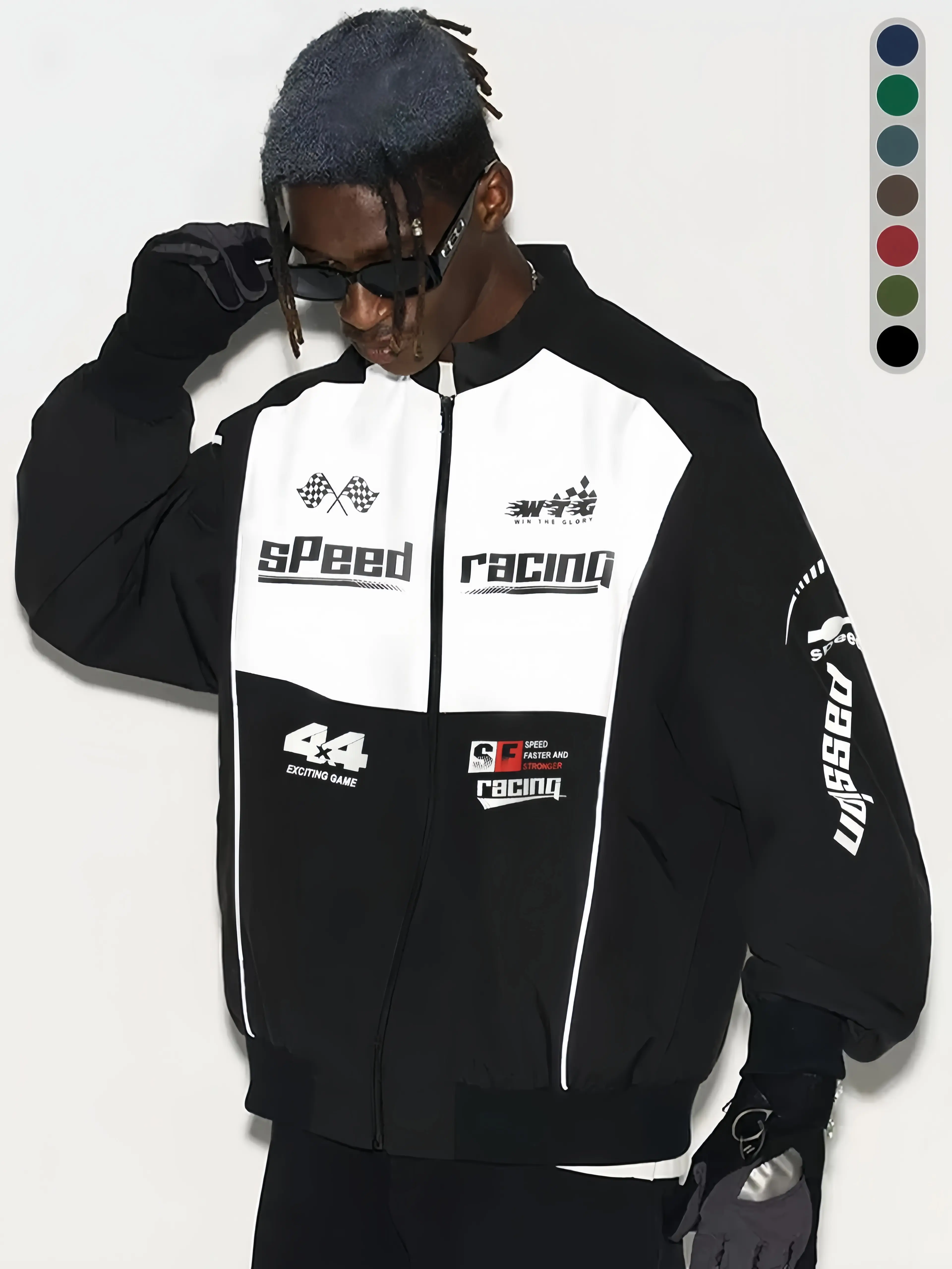 Mens Speed Racing Graphic Jacket, Color Block Stand Collar Windbreaker, Fashion Motorsport Casual Outer Coat Multiple Colors Available