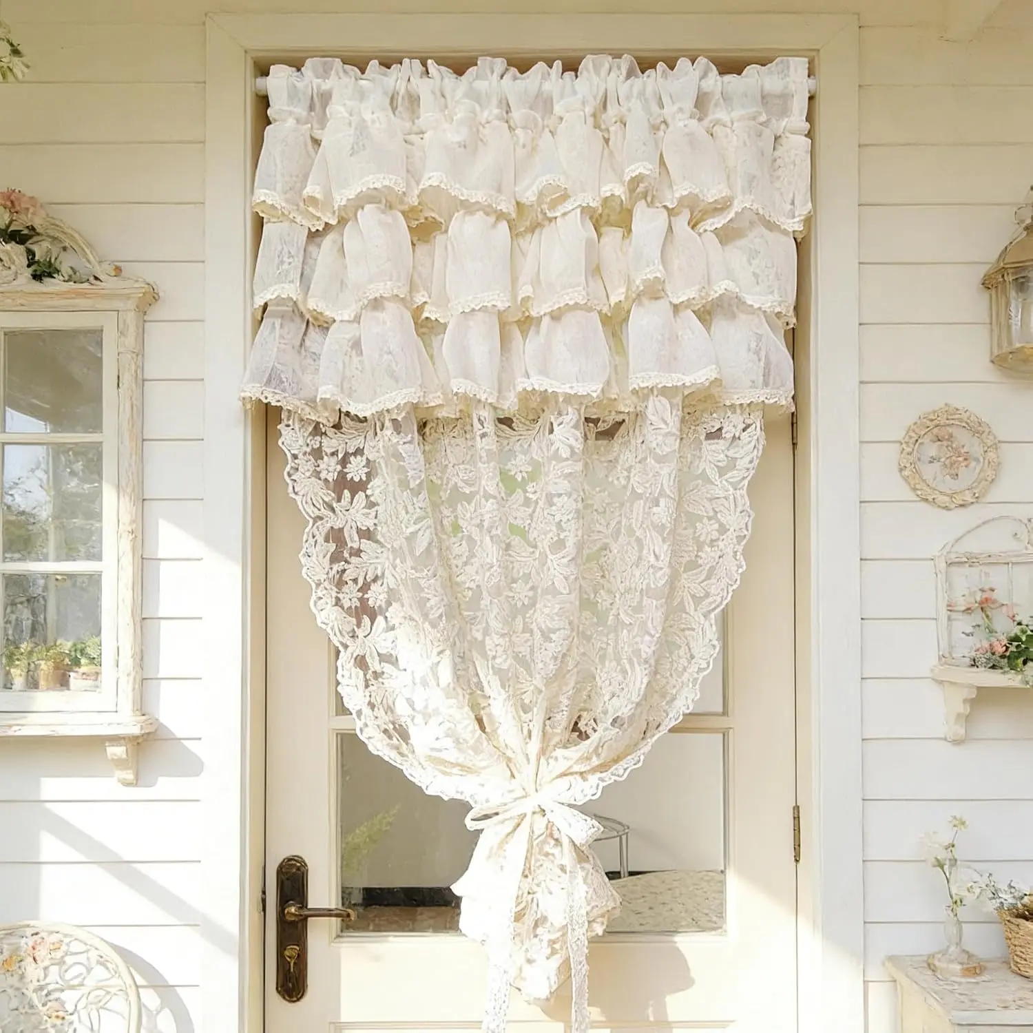 Beige 3 Layer Doorway Ruffled Lace Sheer Crochet Curtains for Living Room Boho Light-filtering Jacquard Tulle Drapes for Bedroom Floral Lace Curtains for Entryway 1PC Beige