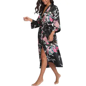 Women's Kimono Robe Peacock & Blossom Robe Wedding Satin Bathrobe NightgownGift