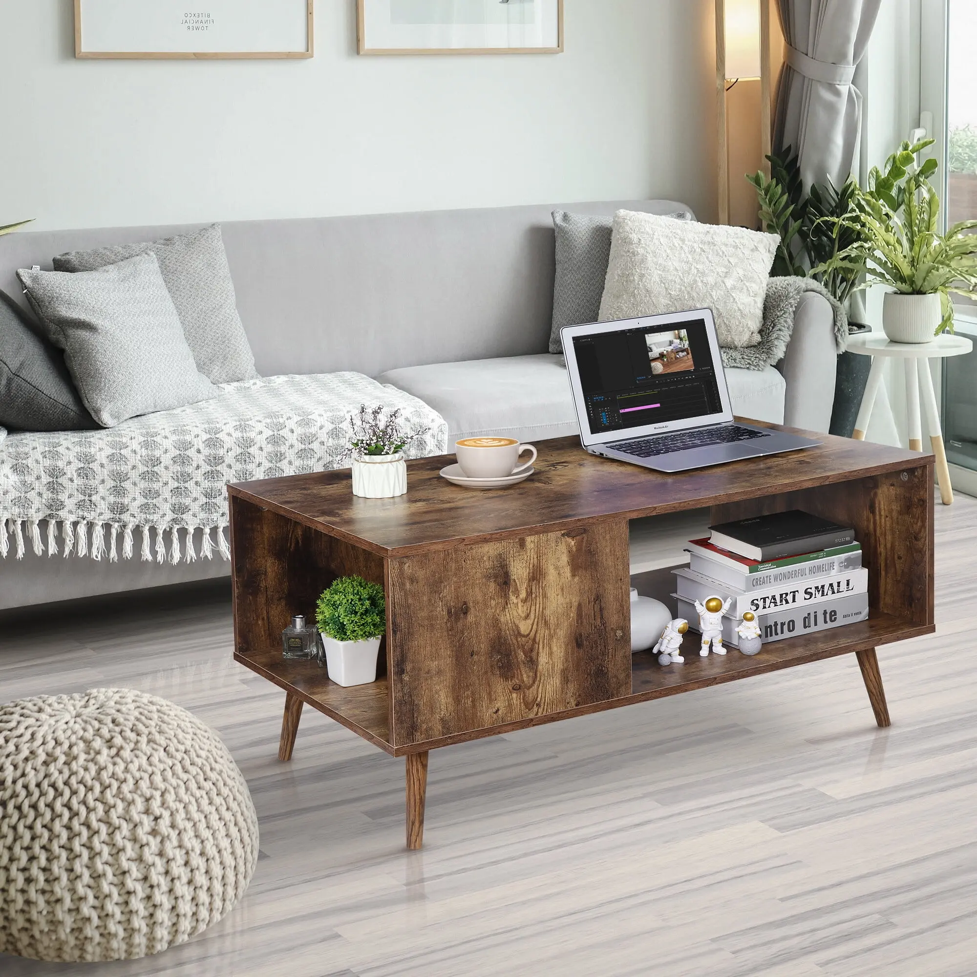Mid-Century Wooden Rectangular Coffee Table - Modern Sofa Table, Angled Legs, Open Storage Shelf, Quick Setup, Multi-Functional Vintage Indoor Living Room Accent Furniture,summerwins