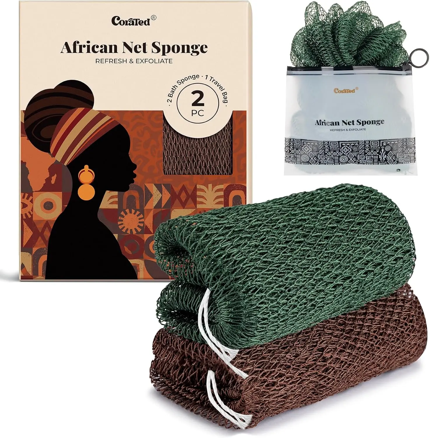 CORATED Authentic African Exfoliating Net Sponge 2 pack- Ethically Sourced from Nigeria - Porous, Hygienic & Quick-Drying Exfoliating Bath Net