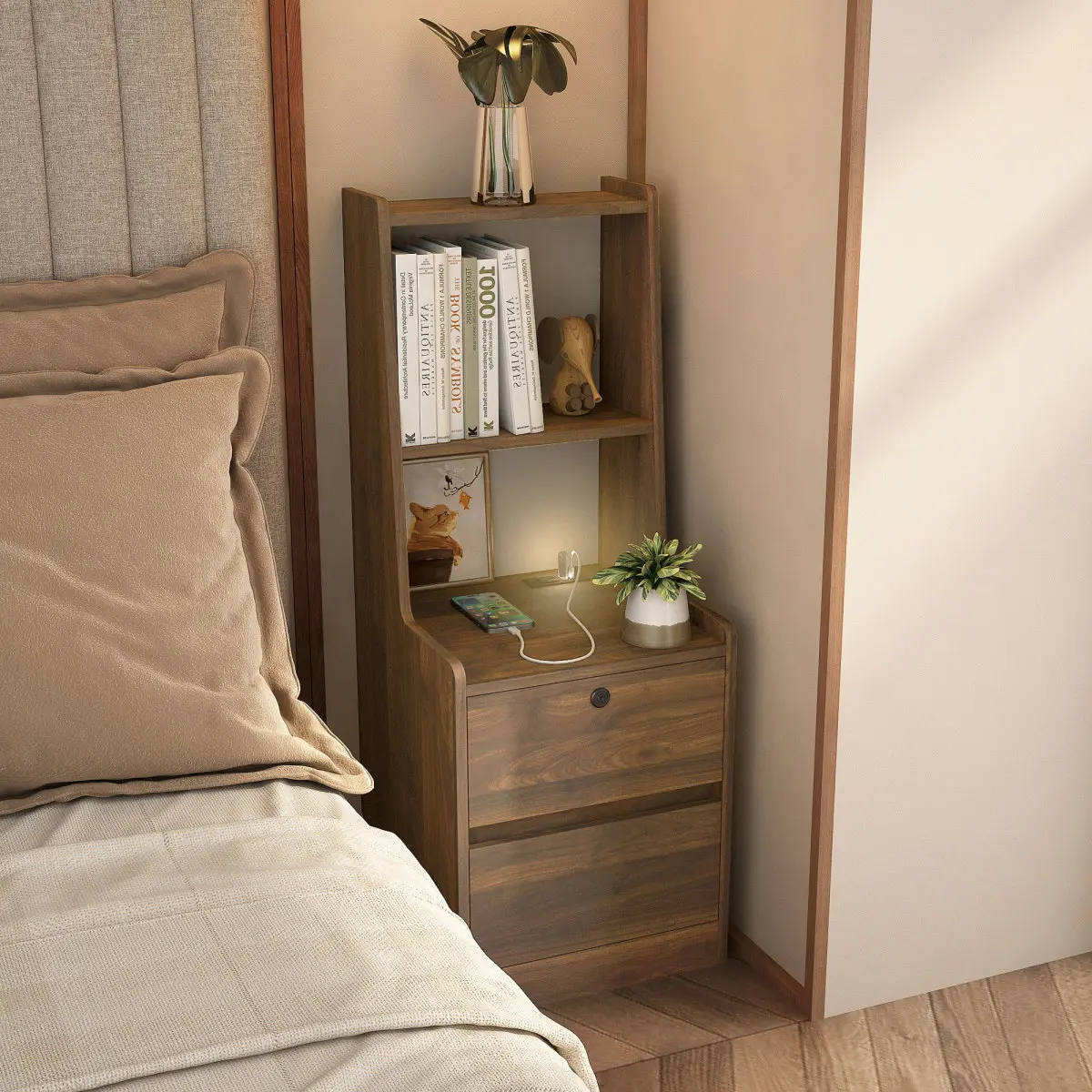 Polymer Bedside Table Nightstand - Indoor Furniture with 7 Light Colors Voice Light, Lockable Storage Cabinet, AC Power Outlets Charging Station, 50lbs Tabletop Load (15.74×15.74×41.14in, 34.61lbs), Assembly Required for Bedroom, Night Light, Lockable Cab