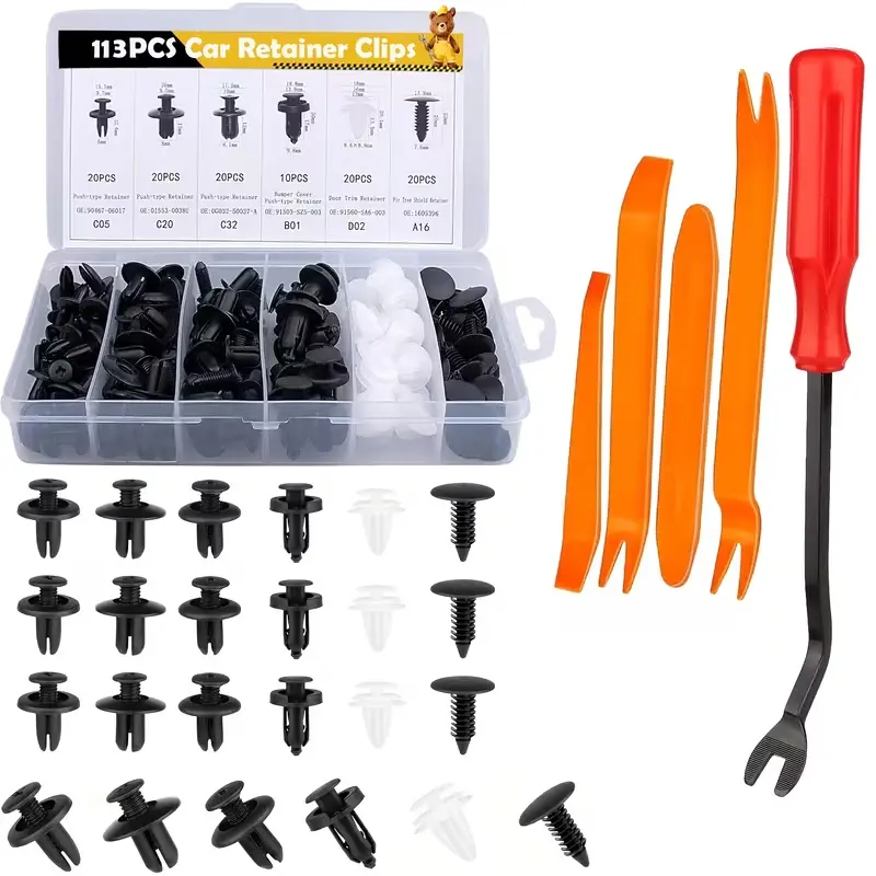 113Pcs Car Retainer Clips Plastic Push Rivets Fasteners Kit, 6 Sizes Auto Door Fender Bumper Replacement Clips with Trim Removal Tools Set for Most Vehicles