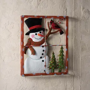 Snowman with Cardinal in Window Metal Wall Décor