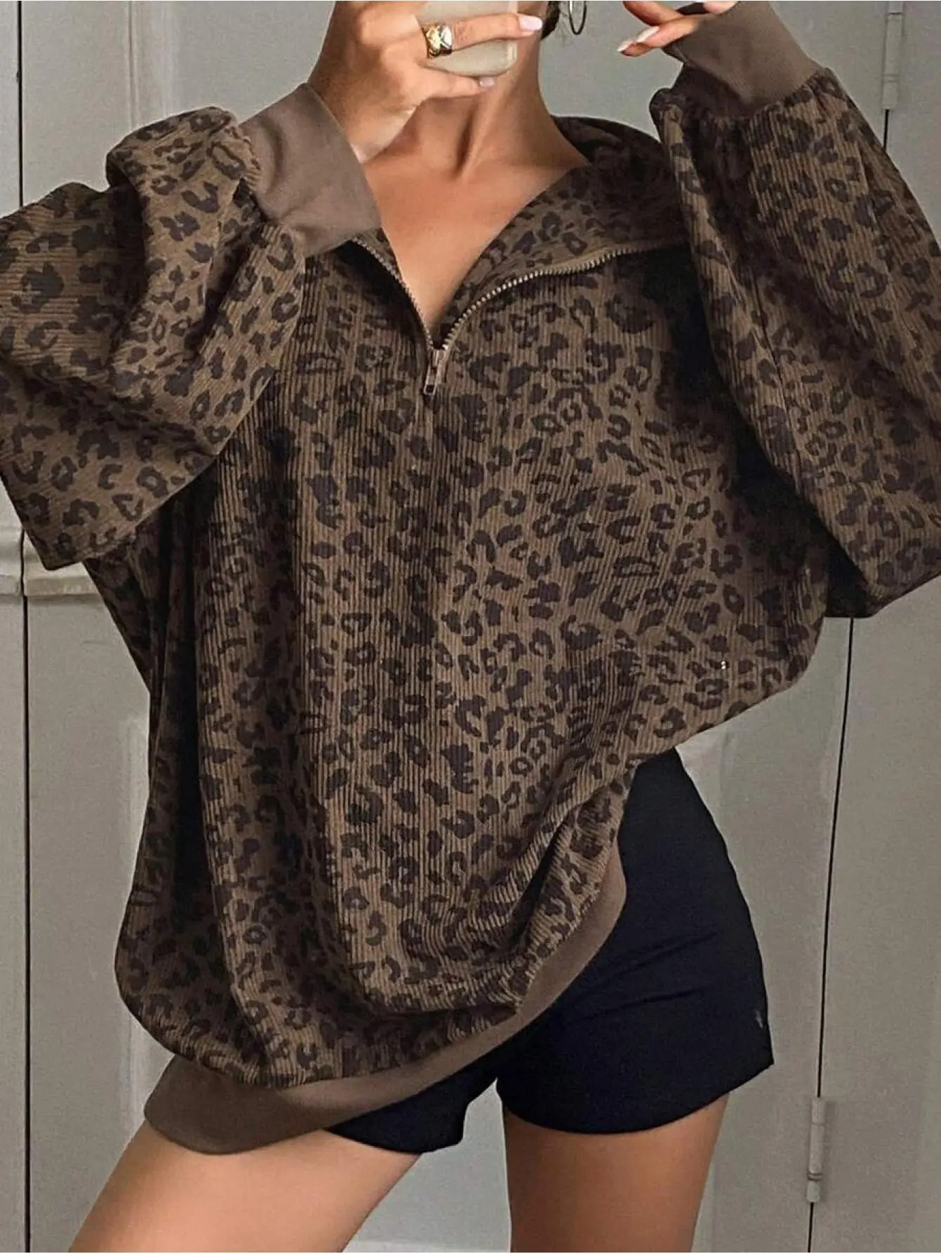 Women's Casual Leopard Print Zip-Up Hoodie - Long Sleeve, Loose Fit, Half-Zip Design, Brown & Black Retro Style For Spring/Fall