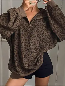 Women's Casual Leopard Print Zip-Up Hoodie - Long Sleeve, Loose Fit, Half-Zip Design, Brown & Black Retro Style For Spring/Fall